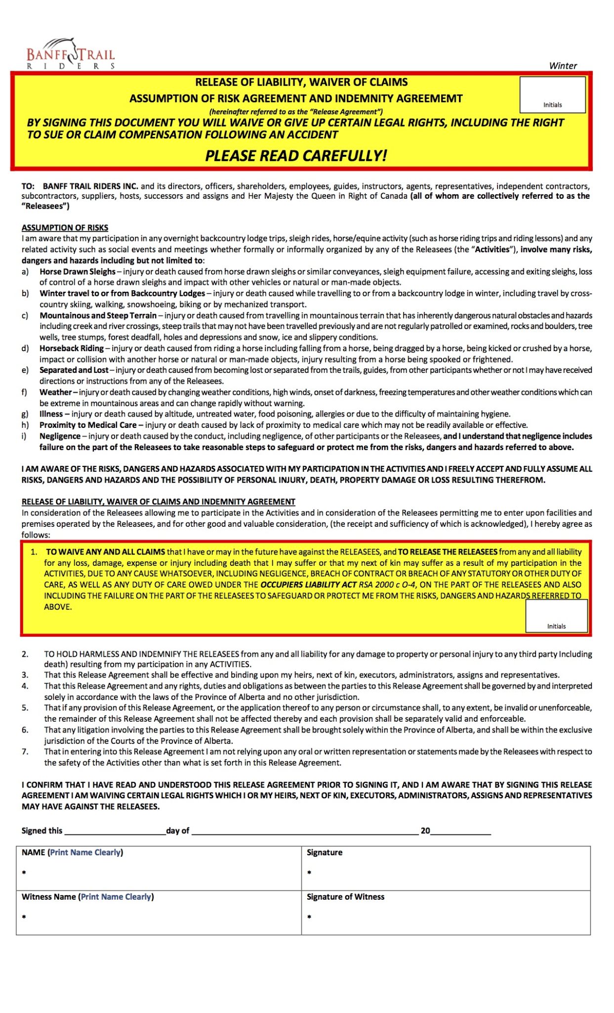 Banff Trail Riders' Winter Waiver for Adults