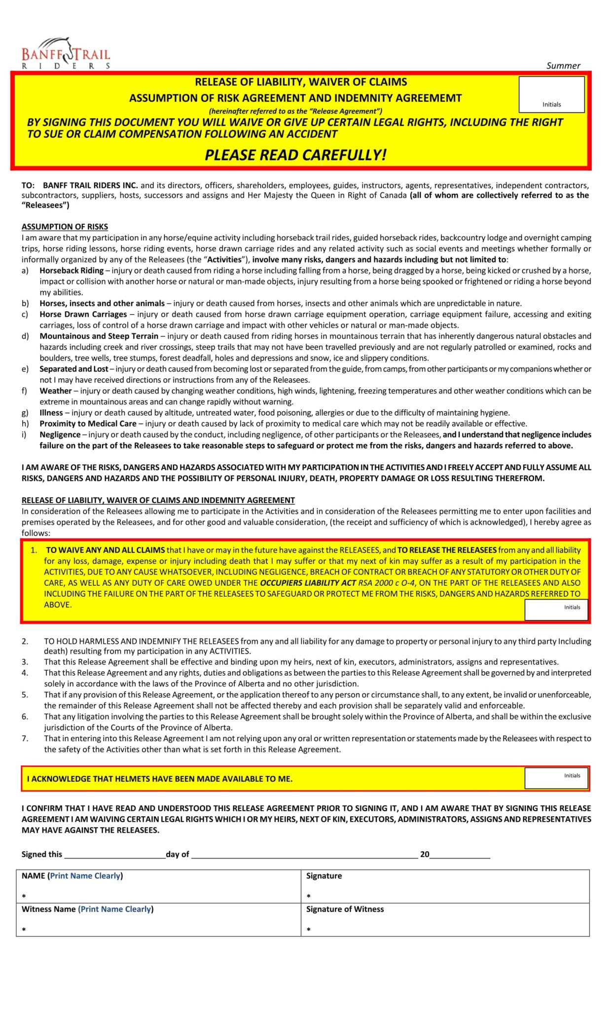 Banff Trail Riders Waiver for Adults