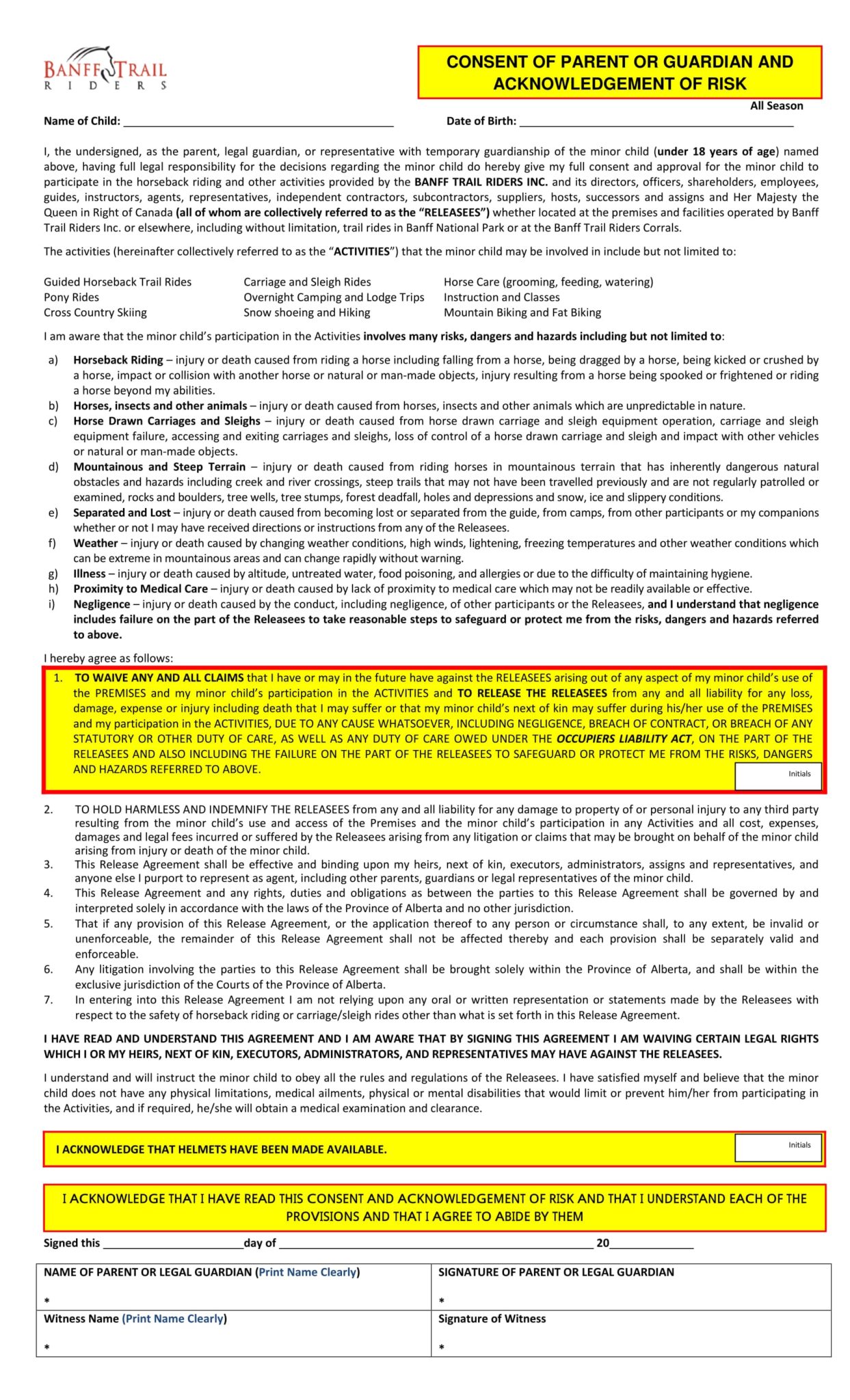 Banff Trail Riders Waiver for Minors under 18