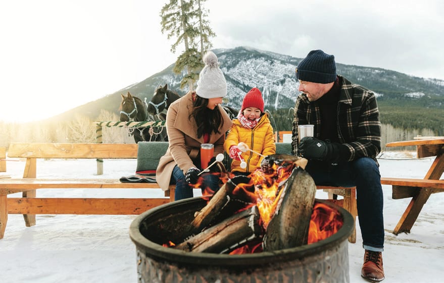 A family roasting s'mores around an open fire, with the sleigh horses behind them